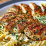 CREAMY GARLIC PARMESAN CHICKEN WITH CHEESY TWISTED PASTA