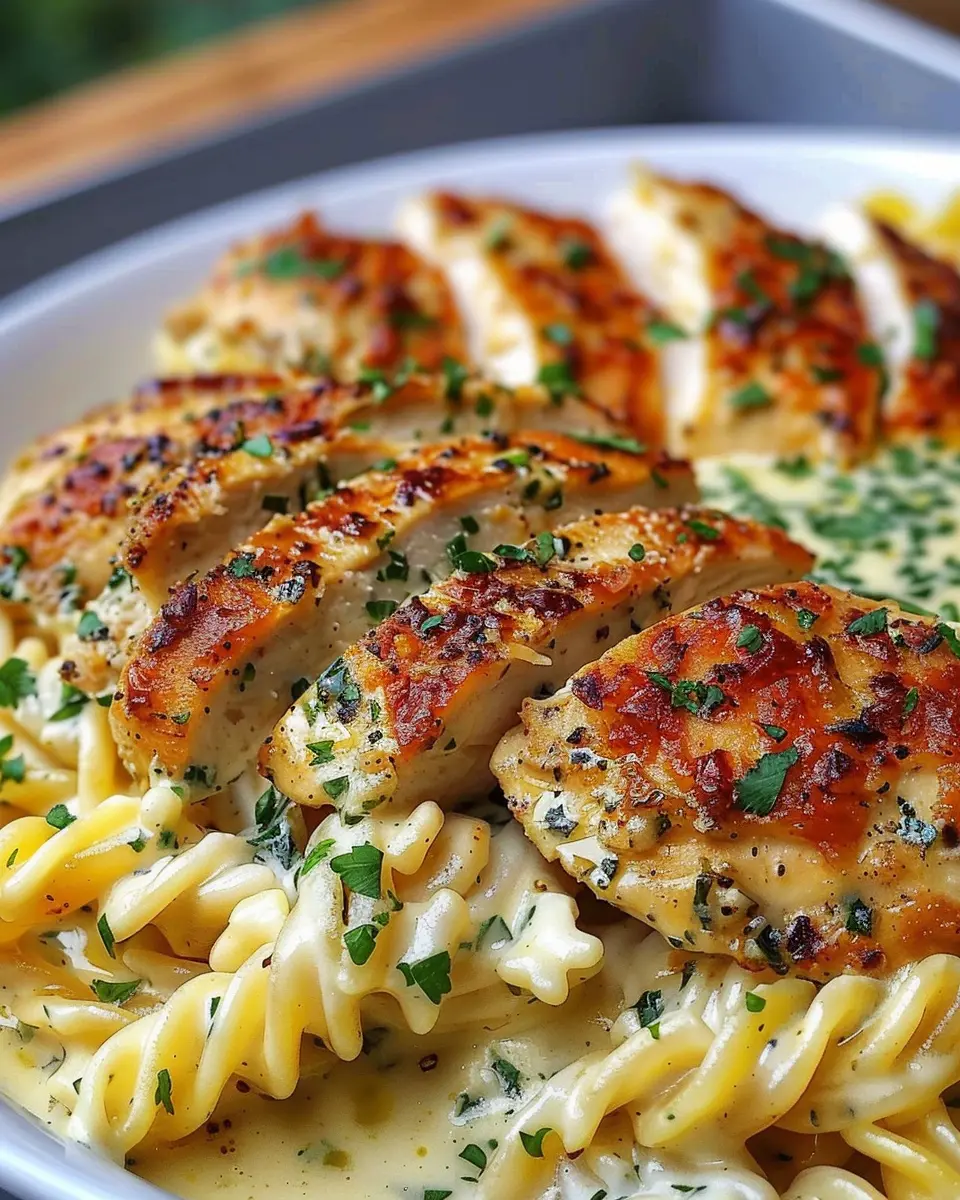 Creamy Garlic Parmesan Chicken with Cheesy Twisted Pasta Delight