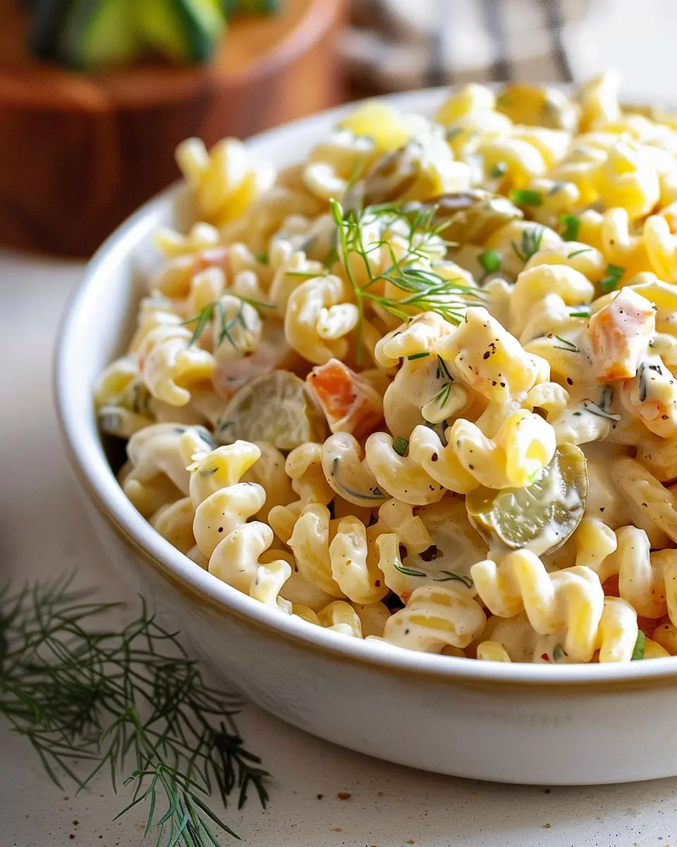 Creamy Dill Pickle Pasta Salad with Turkey Bacon and Chicken Ham