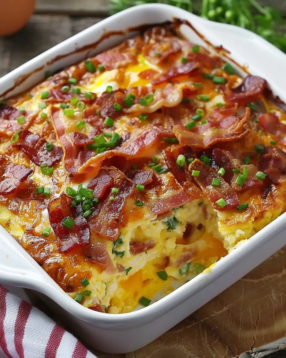 Bacon And Egg Breakfast Casserole with Turkey Bacon and Chicken Ham Delight
