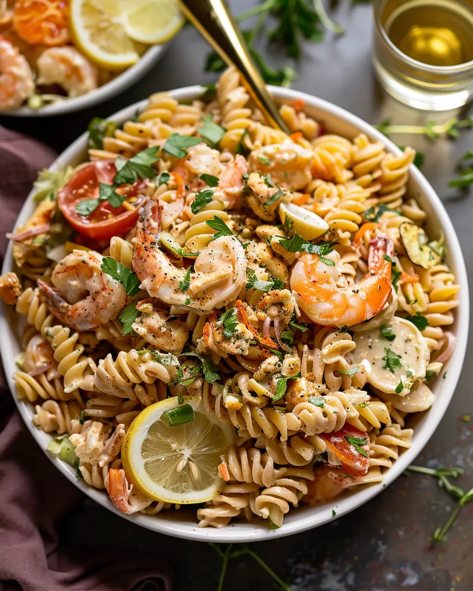 Best Creamy Seafood Pasta Salad with Turkey Bacon and Chicken Ham