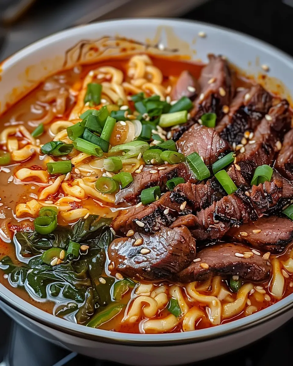 Spicy Korean Ramen with Grilled Beef &amp; Creamy Sauce: A Delightful Treat