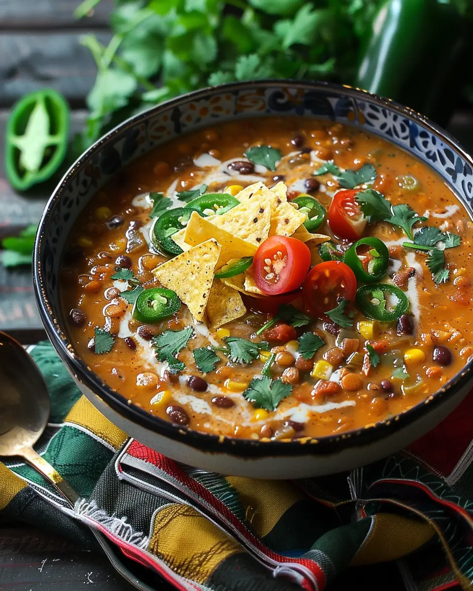 Decadent Lentil Tortilla Soup with Turkey Bacon and Chicken Ham
