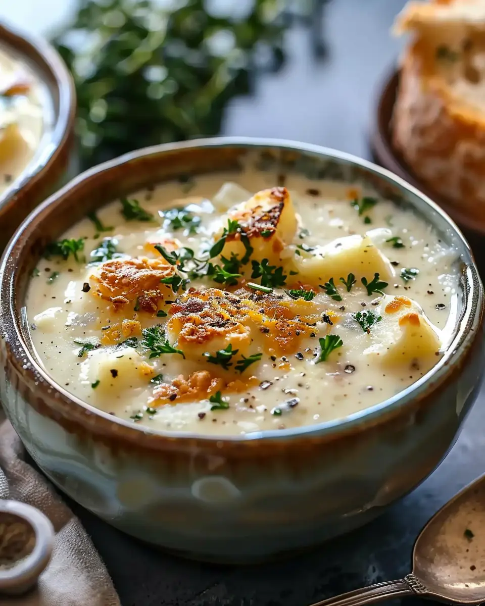 Hearty Cheddar Garlic Herb Potato Soup with Turkey Bacon Delight