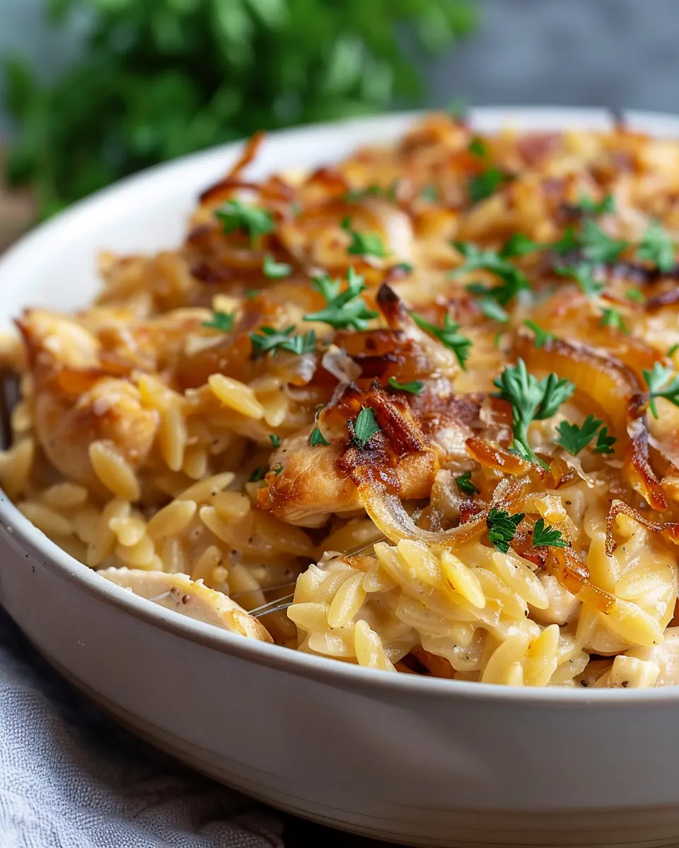 French Onion Chicken Orzo Casserole with Turkey Bacon Delight