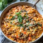 Ground Beef Orzo with Tomato Cream Sauce and Fresh Basil