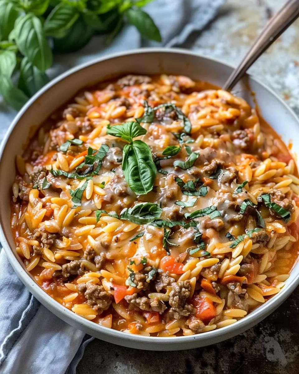 Ground Beef Orzo: Easy Tomato Cream Sauce with Fresh Basil Delight