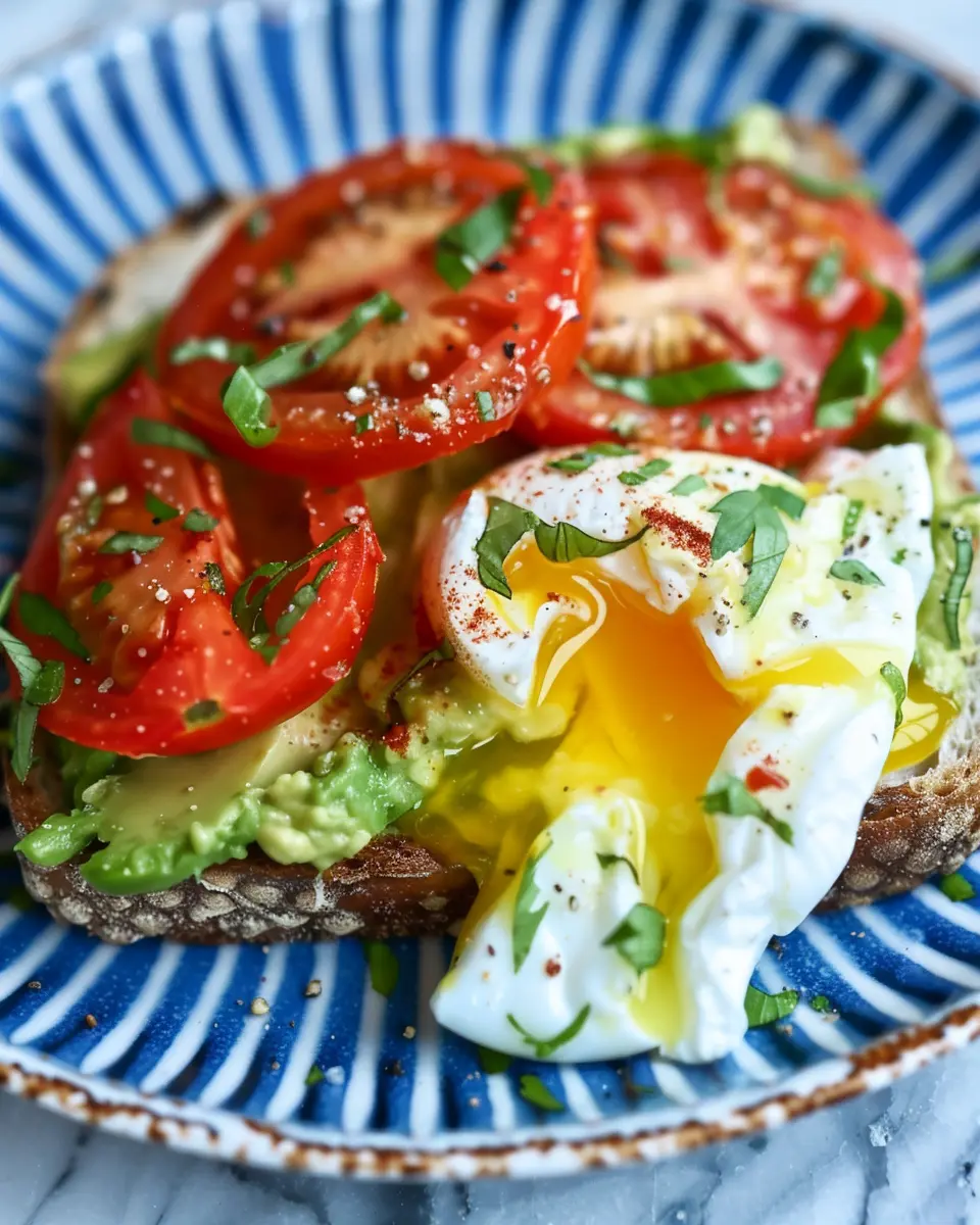 Breakfast smashed avocado toast with fried poached egg and turkey bacon delight