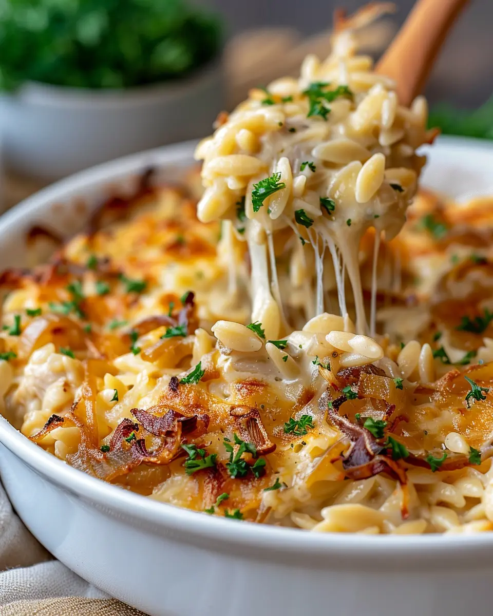 French Onion Chicken Orzo Casserole: Comforting Turkey Bacon Delight