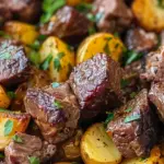Garlic Butter Beef Bites & Potatoes make a perfect dinner