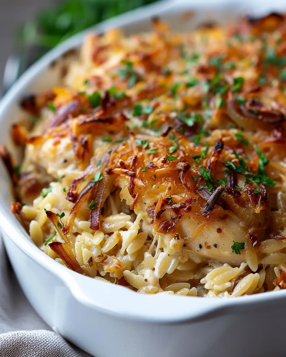 French Onion Chicken Orzo Casserole: Easy, Comforting Delight