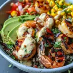 Grilled Shrimp Bowl with Avocado, Corn Salsa & Creamy Garlic Sauce