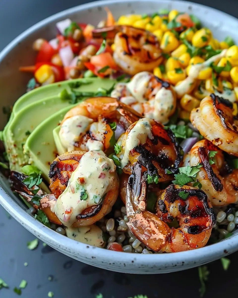 Grilled Shrimp Bowl: Easy Avocado, Corn Salsa &amp; Creamy Garlic Sauce